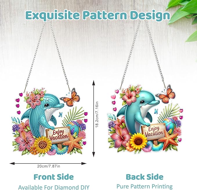 MEIYUDA Dolphins Diamond Art Hanging Kits for Adult, Flowers Dolphins Diamond Painting Hanging Kits Ornaments, DIY Special Shaped Rhinestone Window Pendants Kit for Home Garden Wall Decor Gift