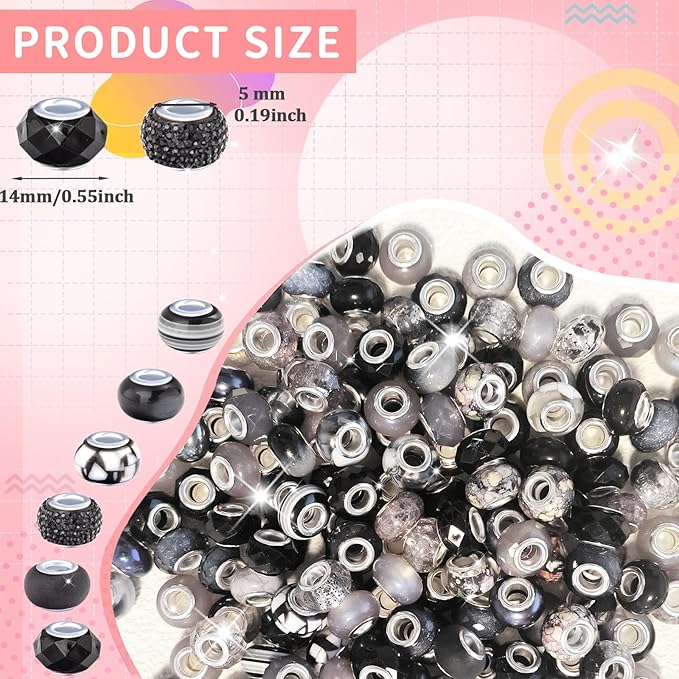 Large Hole Beads Black European Beads for Pens 100 Pieces Assorted Large Hole Fairy Wand Garden Beads Lampwork Craft Spacer Beads for DIY Charms Bracelets Necklace Decoration Jewelry Making Supplies