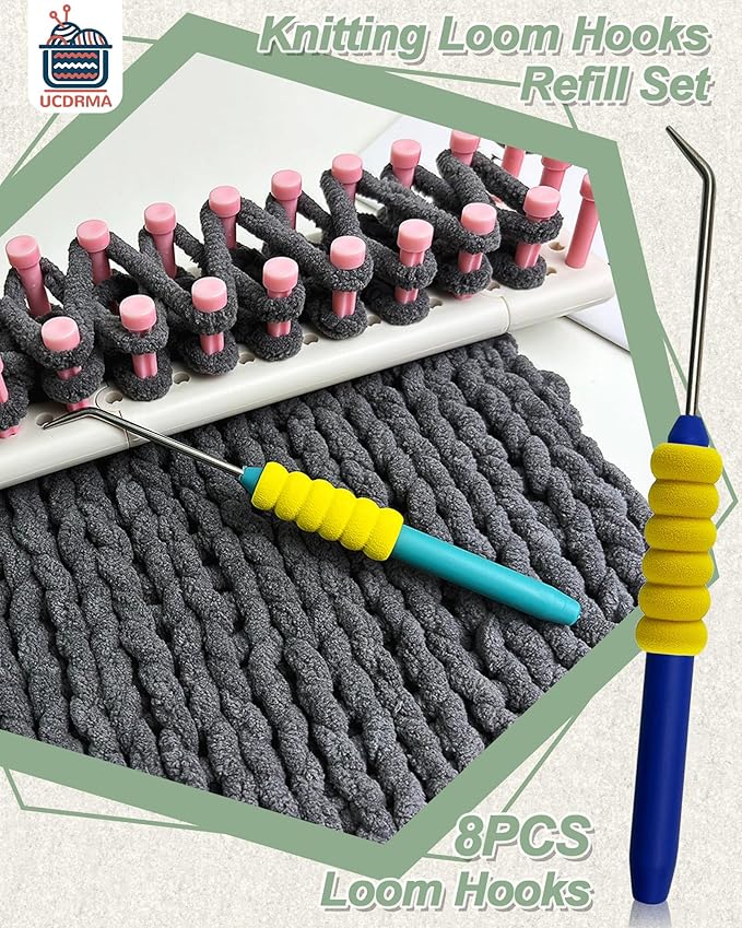 UCDRMA Knitting Loom Hook Refill Set, 8PCS More Comfortable Loom Knitting Hook with Soft Grip, Longer Stainless Steel Loom Crochet Hooks Kit (6in) & 16 Sewing Needles, Great Yarn Loom Knit Tools