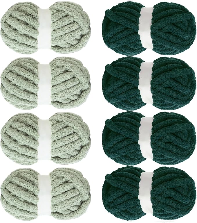 MABOZOO Assorted Chunky Yarn for Crocheting 8 Pack,Fluffy Jumbo Chenille Yarn,Soft Plush Yarn Bulky,Giant Thick Fuzzy Yarn for Hand or Arm Knitting,Sage Green & Dark Green(31.7 yds,8 oz Each Skein)