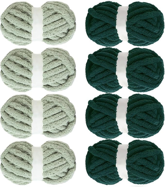 MABOZOO Assorted Chunky Yarn for Crocheting 8 Pack,Fluffy Jumbo Chenille Yarn,Soft Plush Yarn Bulky,Giant Thick Fuzzy Yarn for Hand or Arm Knitting,Sage Green & Dark Green(31.7 yds,8 oz Each Skein)