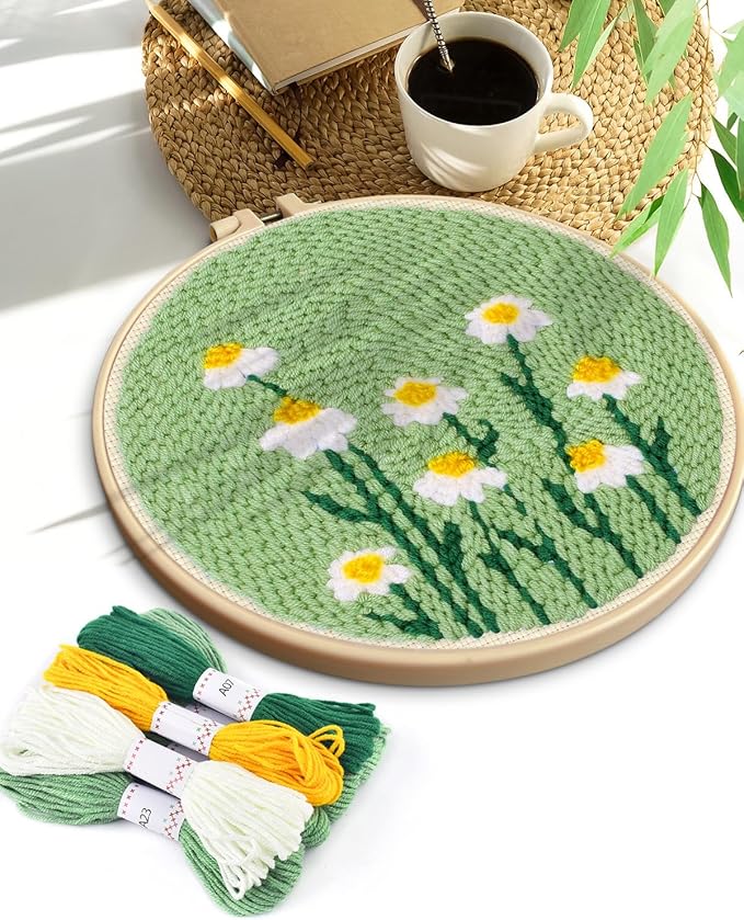 TINDTOP Punch Needle Kit, Daisy Punch Embroidery Kits for Adults Beginner, Tool with Punch Needle Fabric, Hoops, Yarns and Sewing Needles