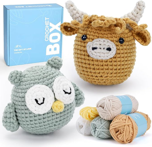 CrochetBox Crochet Kit for Beginner, Highland Cow and Owl Learn How to Crochet Stuffed Animals Gift for Adults and Teen(), Knitting Set with Yarn Hook Stitch-by-Stitch Video Tutorial