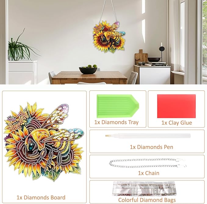 SENQAO Bee Diamond Art Hanging Kit for Adult, Special Shaped Rhinestone, DIY Acrylic 5D Diamond Art Painting Window Pendants Home Garden Wall Hanging Kits Hanging Ornament