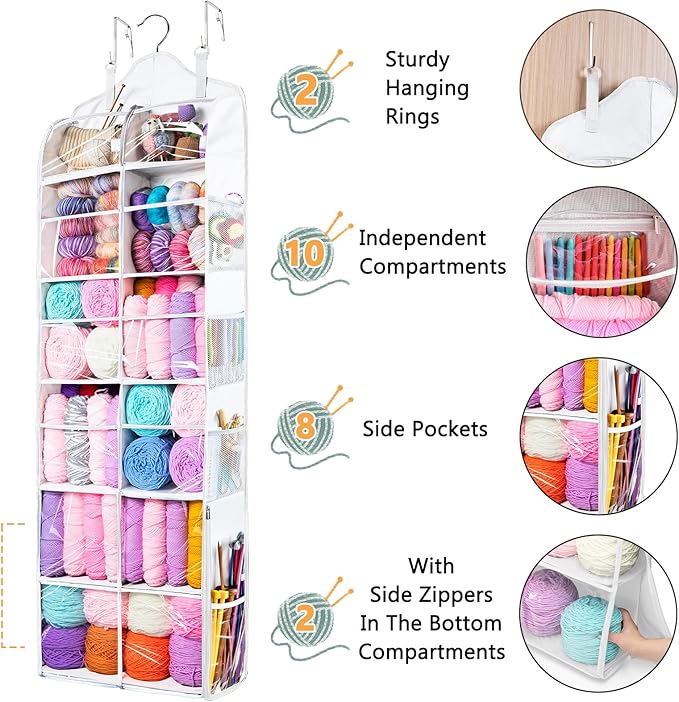 MYBAGZING Hanging Yarn Storage Organizer with Zipper Pockets, 6 Tiers Over the Door & Closet Yarn Holder, Large Crochet & Knitting Organizer with Side Pockets for Hooks, Needles & Accessories