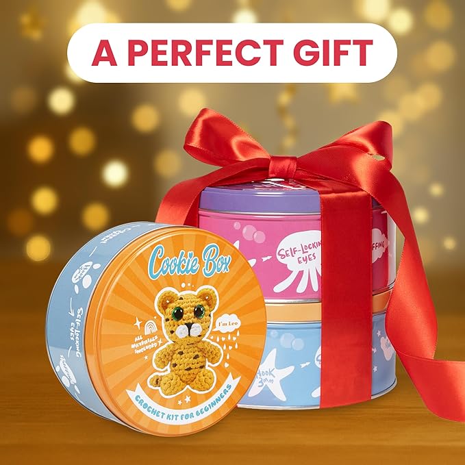 Cookie Box Original Crochet Kit for Beginners – Gift Set to Make Leopard Leo Amigurumi Plushie – Easy DIY Crochet & Knitting Starter Kit with Video and PDF Tutorials