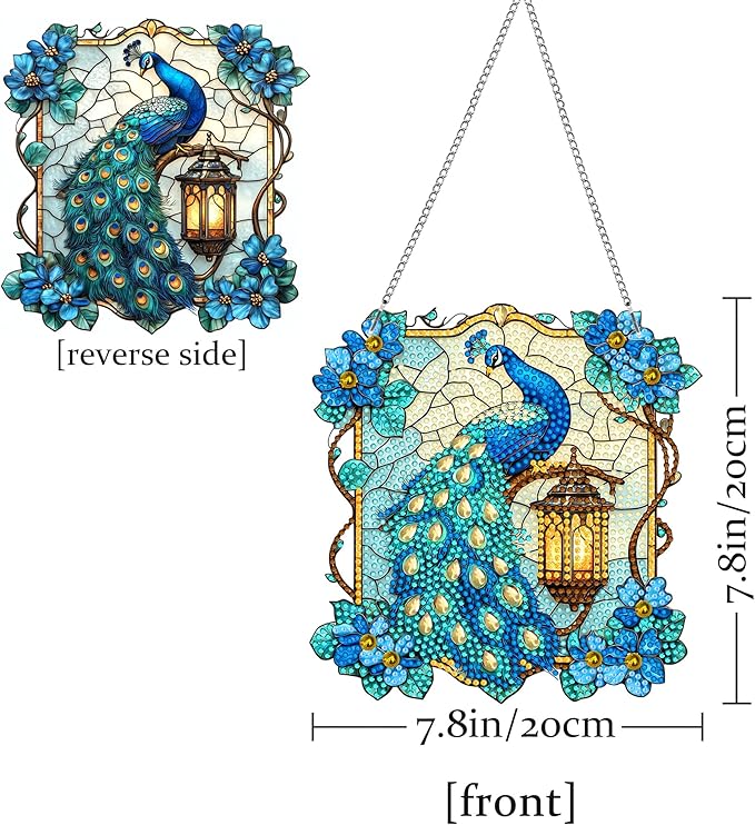 Pavemlo Hanging Diamond Art Kits for Adults Peacock Animal – 8x8 Inch Double-Sided Acrylic Board DIY Crystal Diamond Suncatcher Pendant, Sparkling Home Wall or Window Decoration Handmade Gift