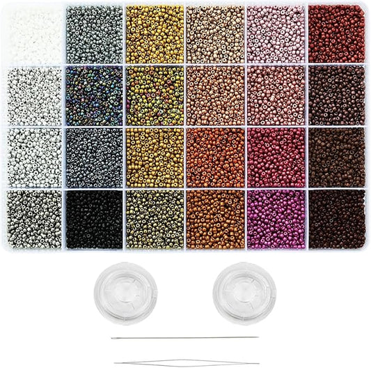 12/0 Glass Seed Beads About 15800pcs 24 Colors 2mm Loose Seed Beads Kit Bracelet Making with 24-Grid Plastic Storage Box for Jewelry Making（24 Colors）