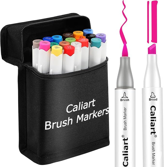 Caliart Markers Brush & Chisel, 18 Colors Alcohol Markers for Adult Coloring Book, Dual Tip Art Pen Set for Artist Illustration Sketch Drawing Gift