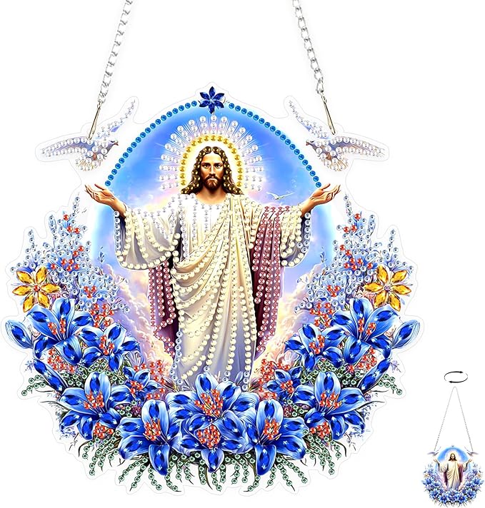 TOSTOG Diamond Art Hanging Kits for Adults, 5D Jesus Diamond Paintings for Adults Window Pendant, Special Shape Diamonds DIY Jesus Diamond Paintings Hanging Pendant Kit for Wall Decor Gift