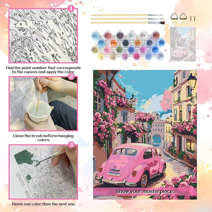 NPCSWXQ Paint By Numbers Kit for Adults Beginners, Sunset Pink Roses Pink Car Decoration Oil Acrylic Painting Crafts Number Artist Paint Kit for Home Wall Bedroom Study or Office Decor Gift 16x20Inch