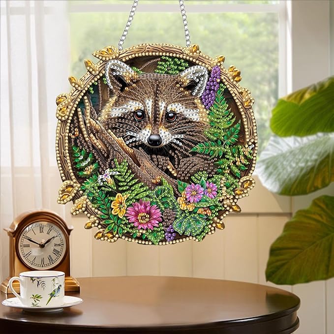 Yomiie Raccoon Sun Catcher Window Hanging - DIY Double Sided Animal Diamond Painting Pendant Kit, Acrylic Diamonds Art Ornament for Front Door Sign & Indoor/Outdoor Garden Decor(8x8 inch)