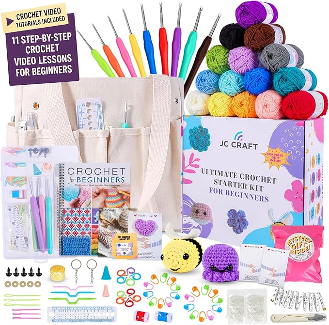 jc craft beginner crochet kit – 81 piece starter set with 15 colorful yarns, ergonomic hooks, complete supplies, white tote bag, accessories case, guide book & online video lessons