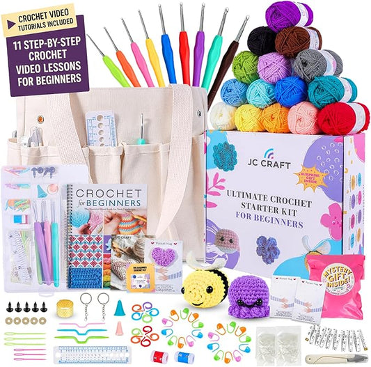 jc craft beginner crochet kit – 81 piece starter set with 15 colorful yarns, ergonomic hooks, complete supplies, white tote bag, accessories case, guide book & online video lessons