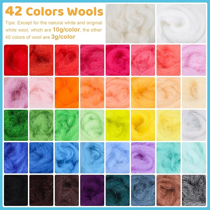 JNENERY Needle Felting Kit, 42 Colors Wool Roving Starter Kit, Needle Felting Starter Kits, Needle Felting Wool with Felt Tools, Instructions, Green Storage Bag for Felted Animal