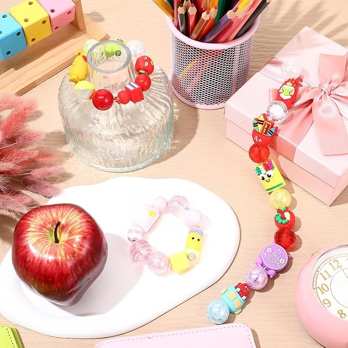 12 Pcs Back to School 3D Silicone Focal Beads for Pens Teacher Character Beads Bulk Funny Apple Pens Pencil for Keychain DIY Crafts Necklace Bracelet Lanyards Making Kit Supplies