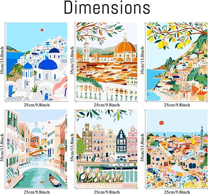 cupmod 6 Packs Paint by Number for Adults,Scenery-Cityscape DIY Acrylic Oil Painting Paint by Numbers Kits on Canvas,Adults Paint by Numbers Kits Drawing Paintwork for Home Decor