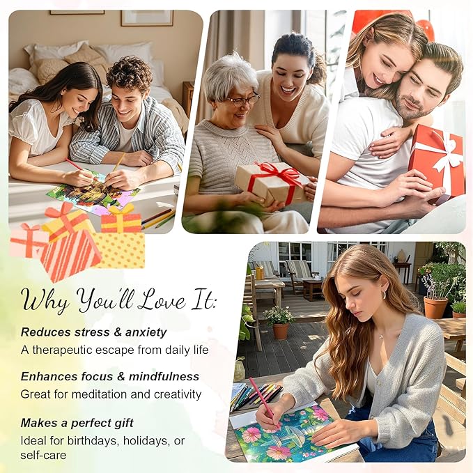 3Pcs Coloring Books for Adults Relaxation, Adult Coloring Books for Women Spiral Bound Printed On One Side, Mindfulness Gifts with 72 Patterns for Women to Relax(Mandala & Garden & Cottage)