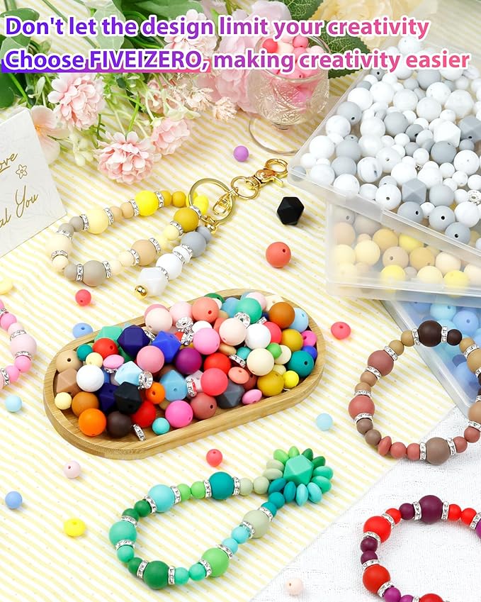 172PCS FIVEIZERO Silicone Beads for Keychain Making, 6 Mixed Colors Silicone Focal Beads Kit, 9mm & 15mm Round Lentil Hexagon Bead & Rhinestone Spacer Bead for Jewelry Making & Bracelets (Blue)