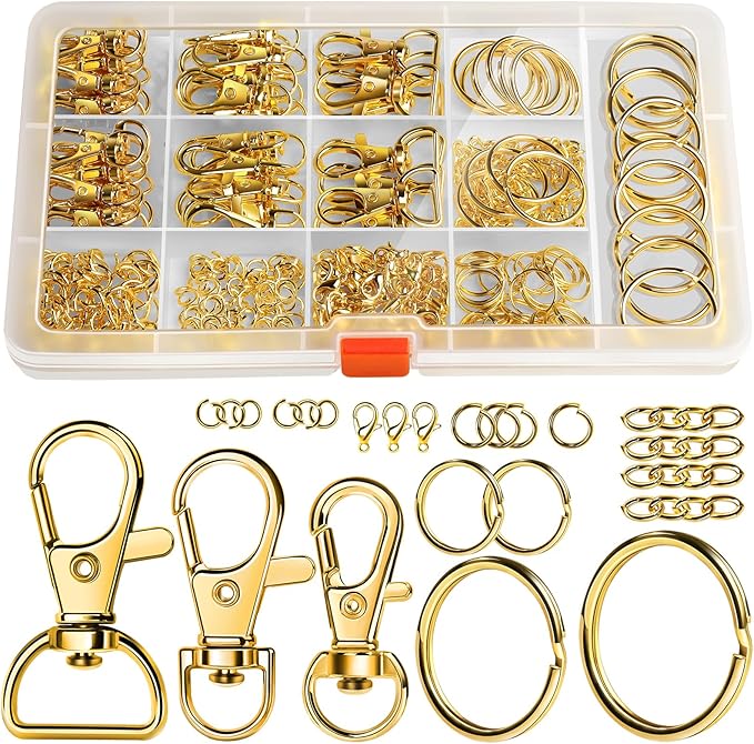 LEOBRO Keychain Making Kit, 265PCS Keychains Clips and Key Rings, Metal Lobster Claw Clasps and Key Chain Rings, Key Rings Bulk, Keychain Rings, Clip for Key Chains, Jewelry Making, Crafts, Gold