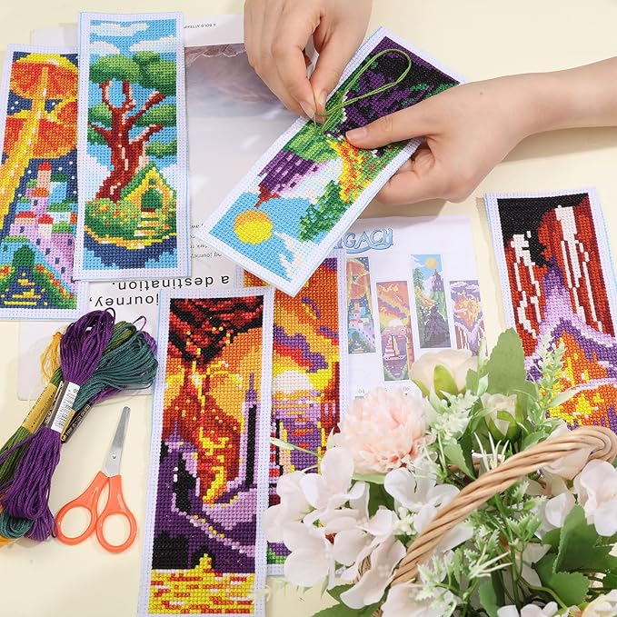ORIGACH 6 Pcs Cross Stitch Bookmark Kit for Beginner Landscape Castle Stamped Embroidery Stitch Kits for Starter DIY Bookmarks Printed Cross Stitch Kits with 19 Colors Embroidery Floss