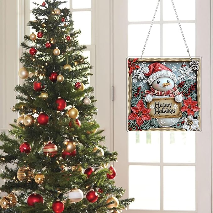 KEYIFA Christmas Diamond Painting Kit, DIY Snowman Diamond Art for Adults, Diamonds Painting Pendant Special Shaped Rhinestone Window Hanging Ornaments Home Garden Wall Door Decoration, 20cm Width