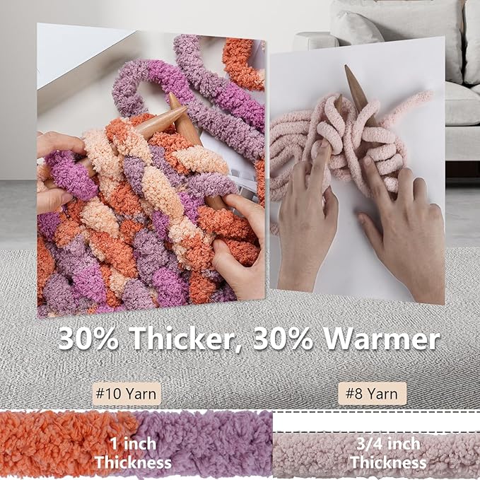 Chunky Yarn for Hand Knitting - #10 Chunky Chenille Blanket Yarn, Jumbo Big Thick Chunky Yarns for Crocheting, Tie Dye Bulky Knit Yarns, 8 Skein (25 yds 8 oz Each Skein), Purple & Orange