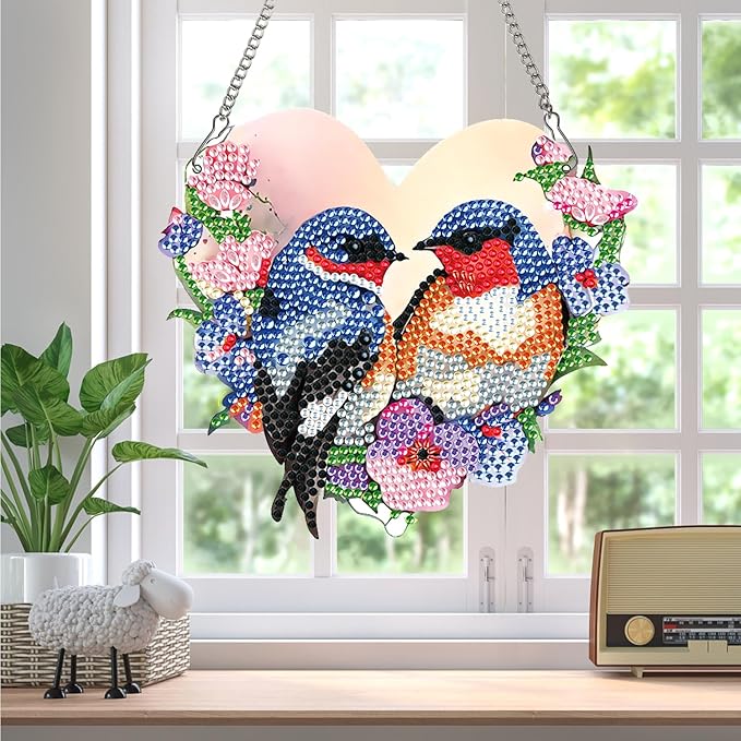 Diamond Art Painting Hanging Kit for Adults, Heart-Shaped Romantic Love Birds DIY Diamond Painting Acrylic Ornament, Diamond Art Pendant Window Suncatcher Wall Door Home Decor