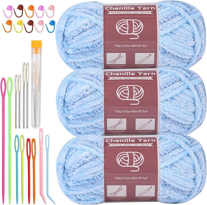 LUNARM Chenille Yarn for Crocheting Knitting, 3 Skein 10.58 oz / 263 Yard Thick Soft Chunky Fluffy Weaving Plush Yarn for Blankets Clothes Pattern with Big Eye Needles(Blue Gradient)