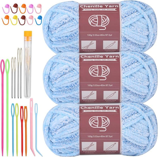 LUNARM Chenille Yarn for Crocheting Knitting, 3 Skein 10.58 oz / 263 Yard Thick Soft Chunky Fluffy Weaving Plush Yarn for Blankets Clothes Pattern with Big Eye Needles(Blue Gradient)