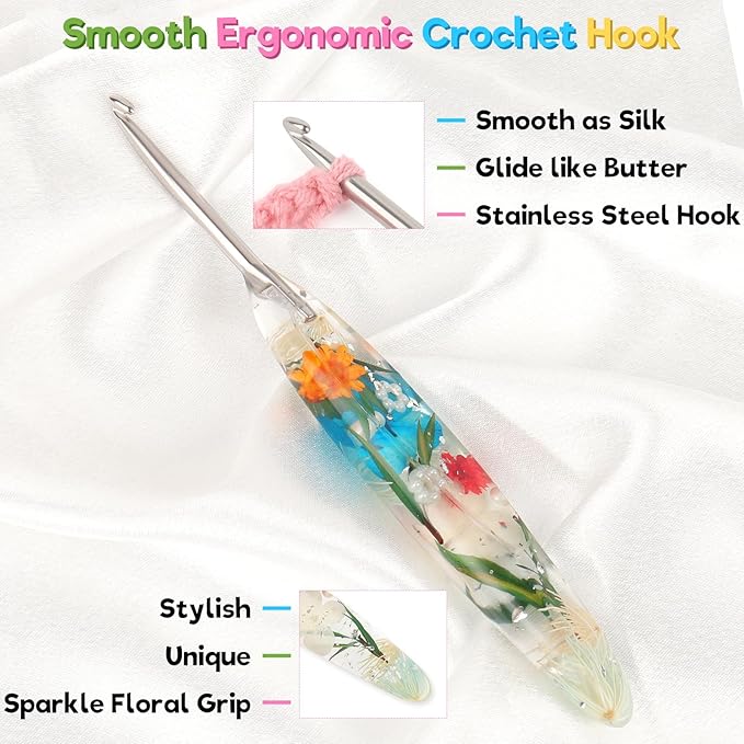 Katech 4.0mm Crochet Hook for Arthritic Hands, Hand-Polished Stainless Steel Ergonomic Crochet Hooks with Customized Sparkle Dried Floral Grip, Soft Tapered Hook-Crochet Gift for Beginner & Crocheter