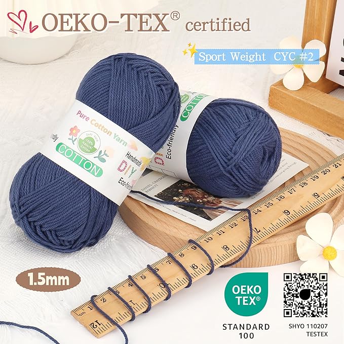 Katech Pure Cotton Yarn for Crocheting & Knitting–Soft Sport Weight CYC #2, 6 Skeins (50g Each, 300g Total), Ideal Crochet Yarn for Dishcloths, Baby Clothes, Socks, Lightweight Scarves（Navy）