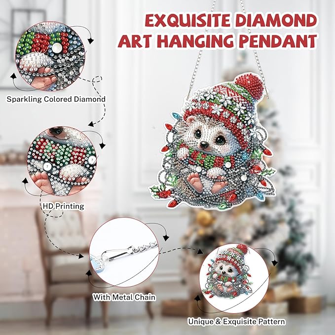 Bowetile Christmas Diamond Art Hanging Kits for Adults, Hedgehog Diamond Art Suncatchers, 5D Special Shape Diamond Painting Pendant Window Ornament Christmas Gifts for Home Door Wall Decor