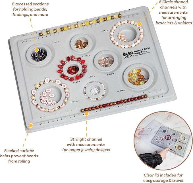 The Beadsmith Elements Bracelet & Anklet Design Bead Board –13.75 x 10.75 x 1 Inches – Removable Transparent Cover – Flocked Surface, Multiple Channels & Printed Ruler – for Jewelry Making