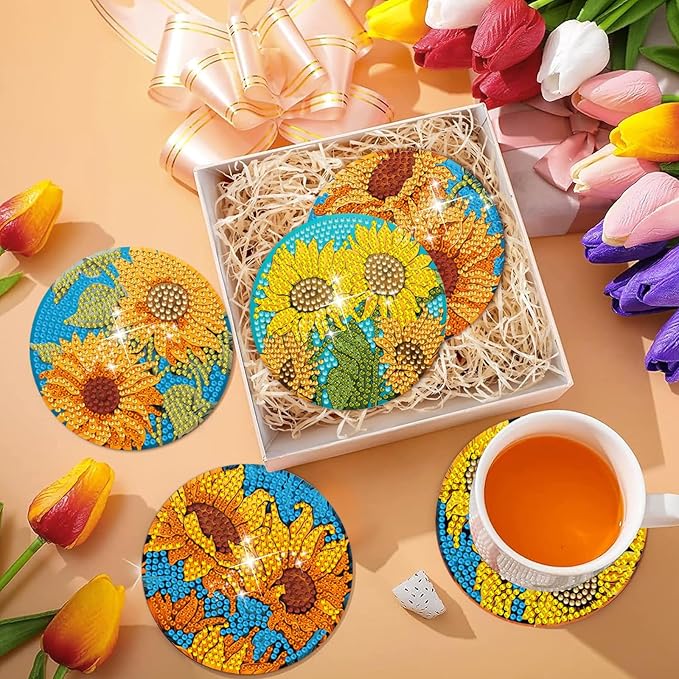 EWJRNSF 6 PCS Diamond Painting Coaster Set - Small Diamond Painting Coasters Kit for Beginners and Adults - Art Craft Supplies Item Sunflower