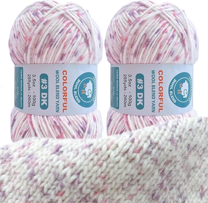 2 Pack Wool Blend Yarn, 2x3.5oz / 285yds, #3 DK, 20% Wool 80% Acrylic, Variegated, Single-Ply Soft Crochet & Knitting Wool Yarn for Sweaters, Scarves, Hats (Petal Whisper)