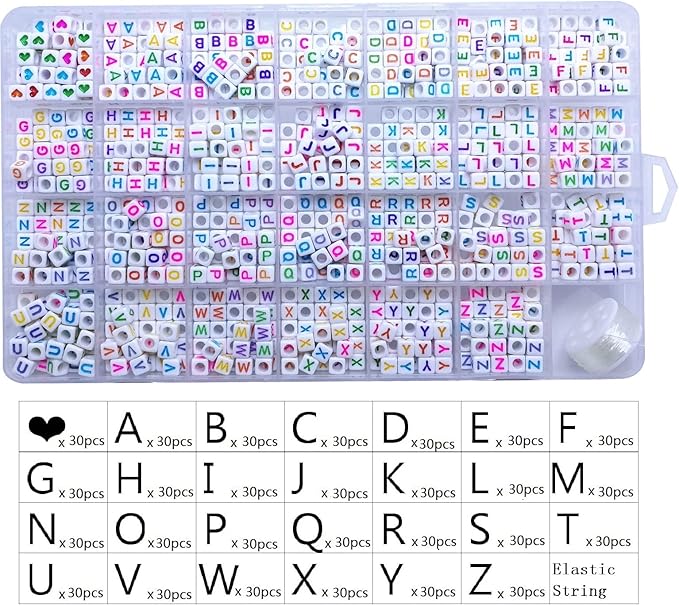 Amaney 810pcs Colorful Letter Beads 6x6mm Cube Acrylic Alphabet Beads and Cristal Line for Jewelry Making Bracelets Necklaces Key Chains