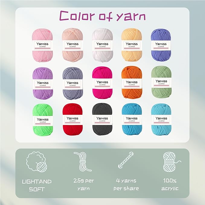 yarniss crochet kits with yarn,1120 yards soft crochet skeins, 12 size ergonomic crochet hooks with portable crochet bag,black