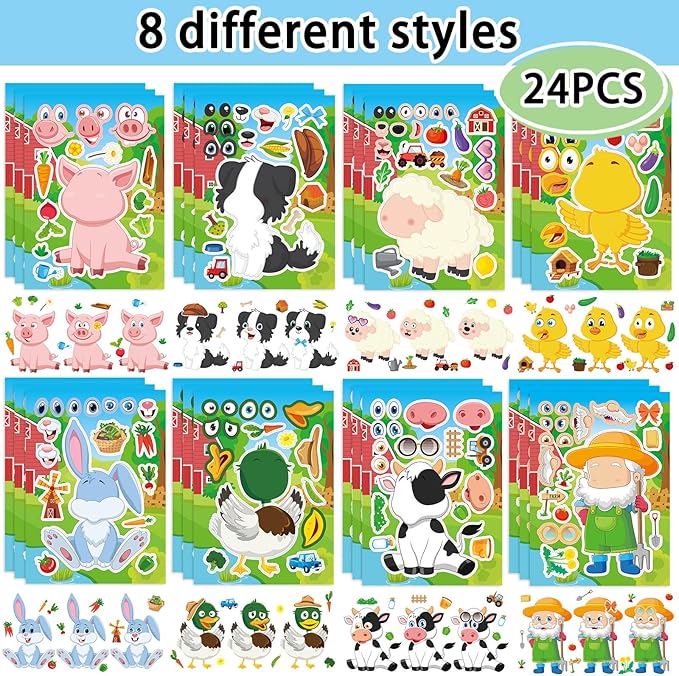 24 sheets 8.27''×5.9'' make your own farm animals stickers for kids toddlers, make a face stickers for kids party favors activities