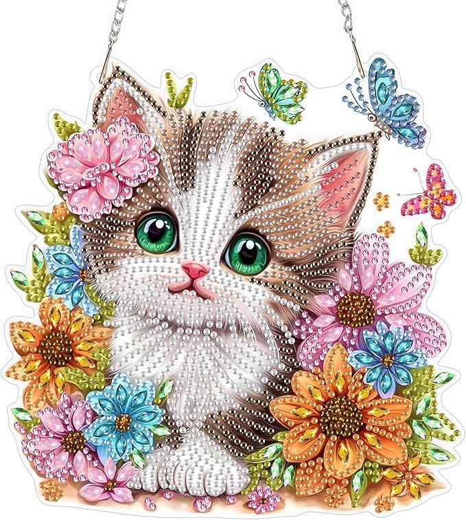 QENSPE Cute Cat Diamond Art Hanging Kits for Adults, 5D Special Shape Diamond Paingting Ornaments Kits with Chain, DIY Flowers Crystal Window Pendants for Home Garden Wall Decor Double Sided 8X8 inch