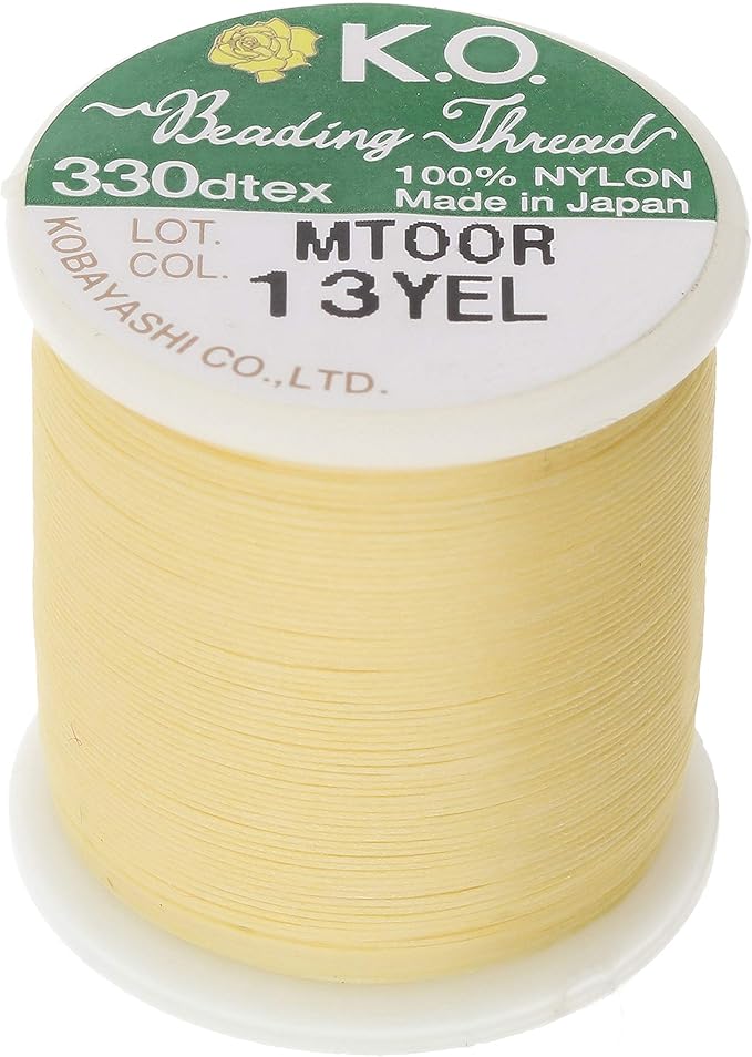 KO Nylon Beading Thread, Yellow Color, Japanese Pre-Waxed 100% Nylon, 330TEX, Tangle Resistant Knotting Cords, 50m /55 yds Spool, Use for Seed Bead Projects, Loom Work & Bead Weaving