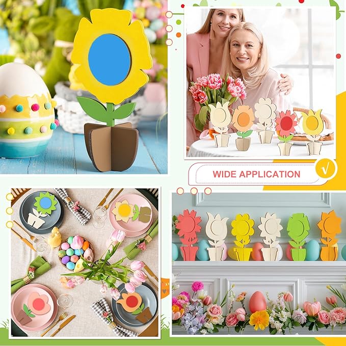 MotiMind 60 Pcs Spring Crafts Set 48 Pcs 3D Wooden Flower Cutouts Unfinished Tulip Slices Wood Daisy to Paint with 12 Colored Pens for Mother's Day Summer Floral Handmade Craft DIY Project