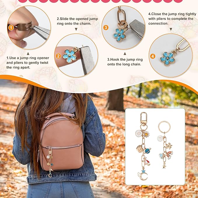 Starry 348Pcs Keychain Making Kit Bag Charm Kit 126 Charms 20 Keychain Clips with Key Ring Jewelry Plier,30 Extender Chain Swivel Snap Hooks Gold Charms 150 Jump Ring DIY Craft Supplies