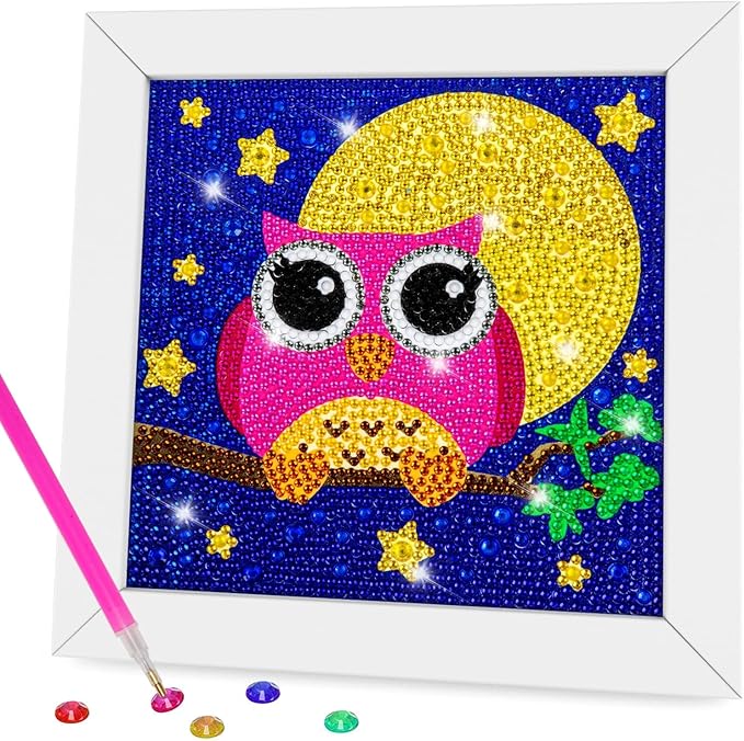 QEUOYSS Diamond Art Kit for Kids with Wooden Frame Art and Crafts for Kids Ages 6-8 -10-12 Easy to DIY Diamond Art for Kid and Adult Beginners Home Wall Decoration (Pink owl)