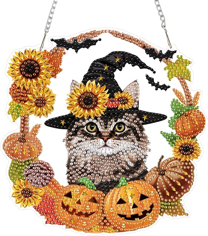 CEOVR Halloween Diamond Painting Hanging Ornament, Cat Pumpkin 5D Special Shape Diamond Art, Crafts for Adults DIY Fall Gem Art, Acrylic Home Garden Window Wall Decor with Chain, Box Kit, 7.57×7.61in