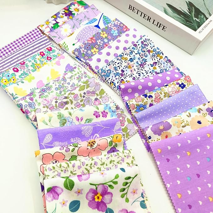 22Pcs 10" Purple Cotton Fabric Squares No Repeat Floral Charm Pack,Precut Quilt Fabric with Wavy Edges,Sewing Craft Swatches