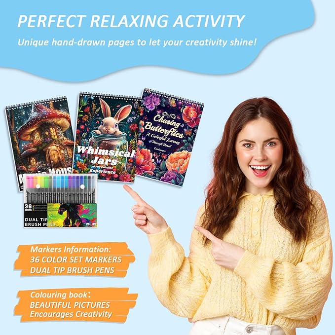 3Pcs Adult Coloring Book for Women Relaxation, Spiral Bound Adult Coloring Books for Women with 36 Markers, 36 Dual Tip Colors Markers, Mindfulness Gifts - 72 Patterns