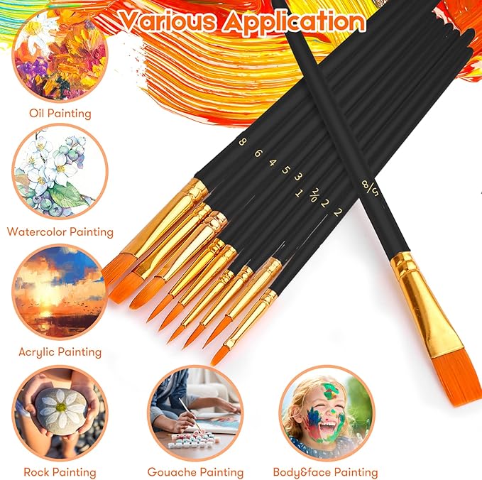 Soucolor Acrylic Paint Brushes Set, 20Pcs Round Pointed Tip Artist Paintbrushes for Acrylic Painting Oil Watercolor Canvas Boards Rock Body Face Nail Art, Halloween Pumpkin Ceramic Crafts Supplies