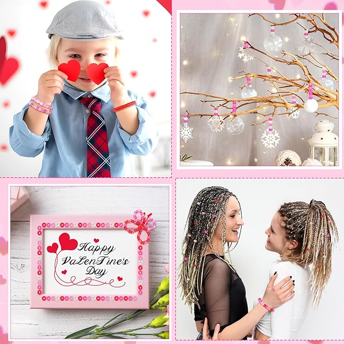 UPINS Valentine's Day Pony Beads, 1200Pcs Glitter Pink Red Round Plastic Craft Pony Beads for Jewelry Making Valentines Party DIY Decoration Necklace Bracelets Romantic Accessories (4 Colors)