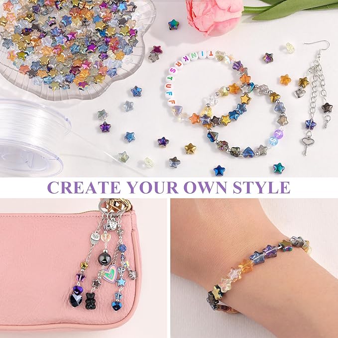 200PCS 8MM Glass Star Beads Bedazzling Irisedent Glass Beads,Crystal Star Beads, Eletroplated Mixed Colors Cute Bead for Necklace Bracelet Earring Jewelry Making, Spacer Beads Bulk for Crafting & DIY